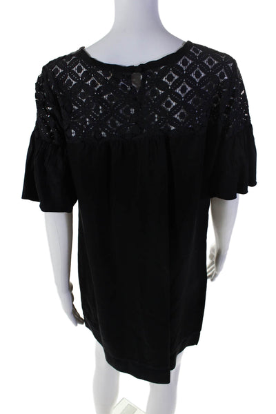 Ella Moss Womens Short Sleeve Lace Trim Scoop Neck Shift Dress Black Size Small