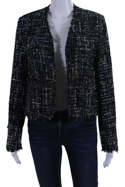 Bagatelle Womens Long Sleeve Fringe Tweed Jacket Navy Blue Size Small