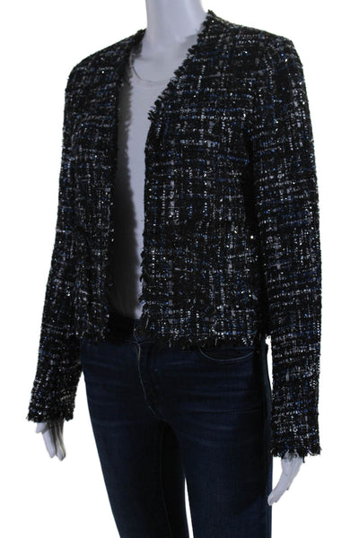 Bagatelle Womens Long Sleeve Fringe Tweed Jacket Navy Blue Size Small