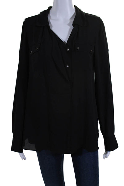 BCBGMAXAZRIA Womens Long Sleeve Collared V Neck Lightweight Shirt Black Small