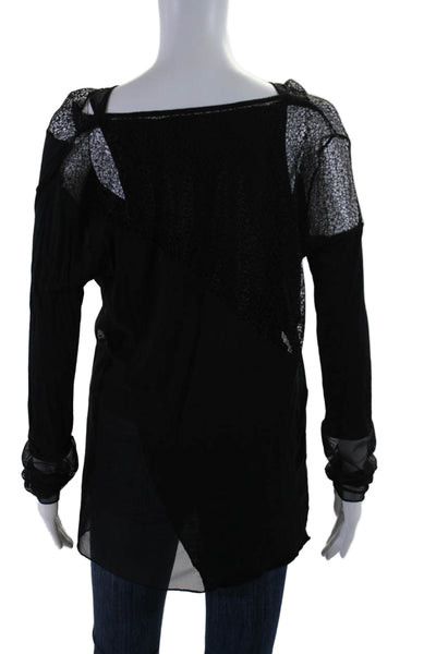 BCBGMAXAZRIA Womens Long Sleeve Mesh Trim Scoop Neck Top Black Size Medium