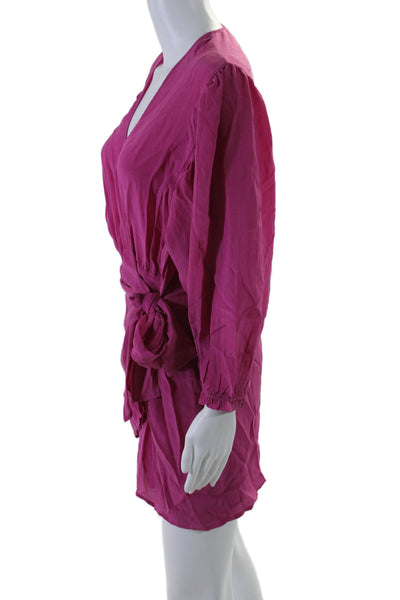 IRO Women's V-Neck Long Sleeves Wrap Mini Party Silk Dress Fuchsia Pink Size 38