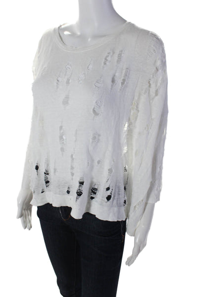 IRO Womens Round Neck Long Sleeve Heavily Distressed Basic Top White Size M