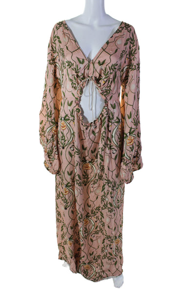 Agua Bendita Womens Floral Cut Out Long Sleeve Maxi Dress Peach Size M