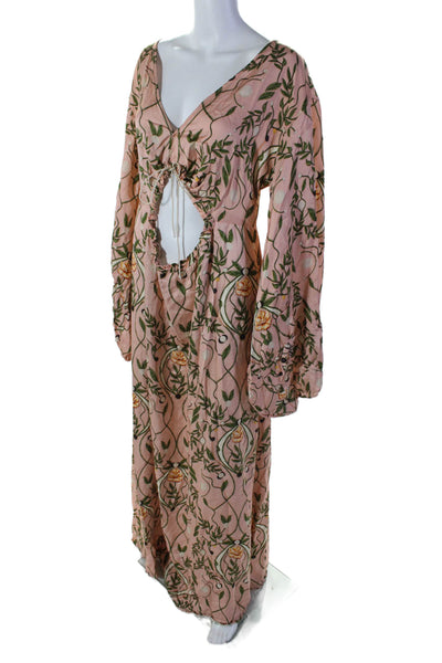 Agua Bendita Womens Floral Cut Out Long Sleeve Maxi Dress Peach Size M