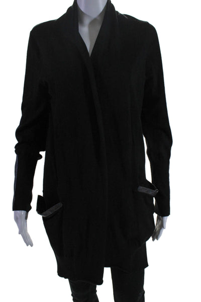 Neiman Marcus Women's Long Sleeves Open Front Leather Trim Cardigan Black Size M