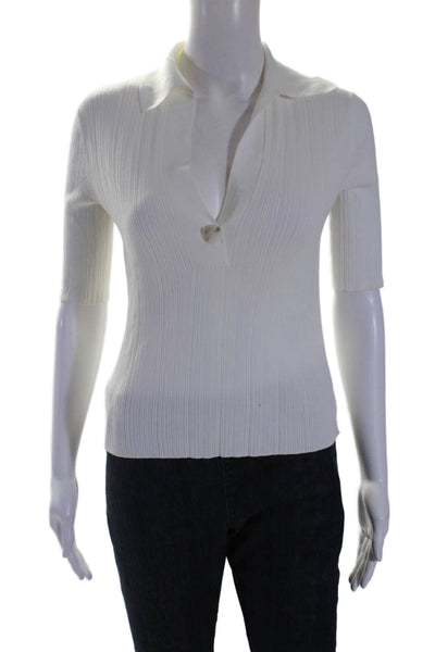 Vince Womens V-neck Short Sleeve Ribbed Button Polo Top White Size XXS