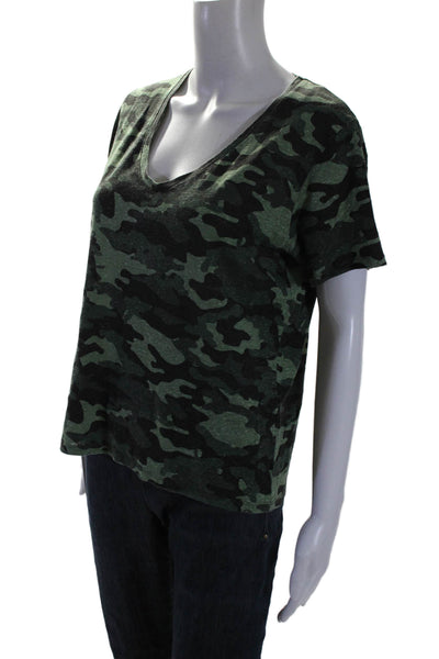 Majestic Filatures Womens Linen Camo V-Neck Short Sleeve T-Shirt Green Size 3