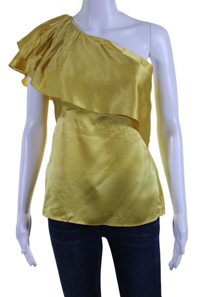 BCBGMAXAZRIA Womens Ruffled Pleated One Shoulder Silk Blouse Yellow Size XS