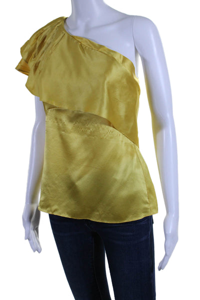 BCBGMAXAZRIA Womens Ruffled Pleated One Shoulder Silk Blouse Yellow Size XS