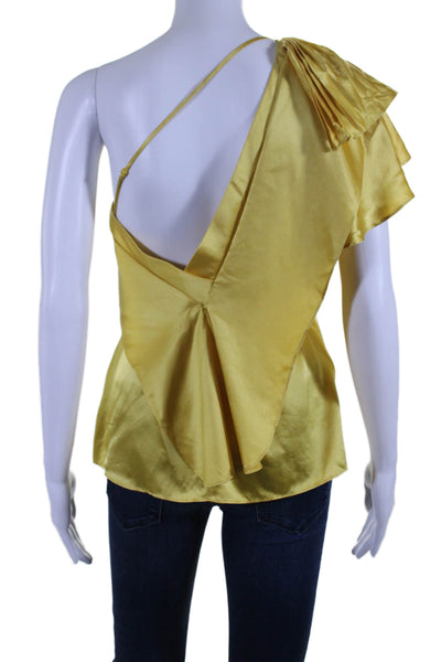 BCBGMAXAZRIA Womens Ruffled Pleated One Shoulder Silk Blouse Yellow Size XS