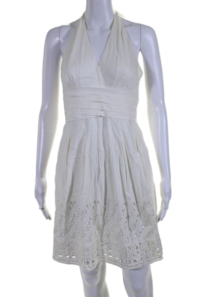 BCBGMAXAZRIA Womens Open Back Halter V Neck Embroidered Dress White Size 2