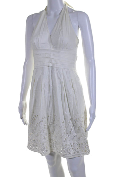 BCBGMAXAZRIA Womens Open Back Halter V Neck Embroidered Dress White Size 2