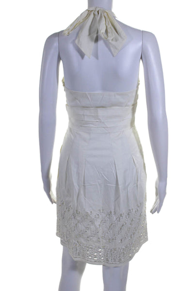 BCBGMAXAZRIA Womens Open Back Halter V Neck Embroidered Dress White Size 2