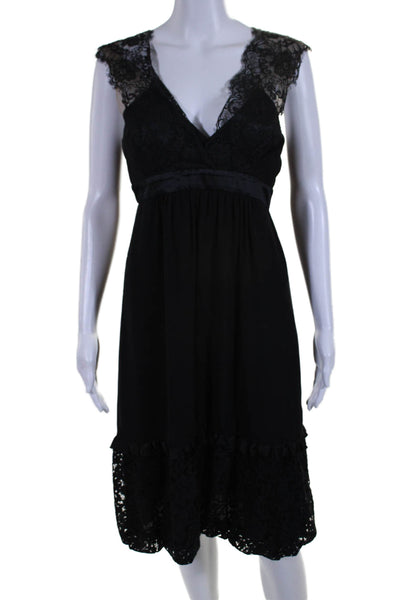 BCBGMAXAZRIA Womens Back Zip Sleeveless V Neck Lace Trim Silk Dress Black Size 4