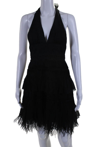 BCBGMAXAZRIA Womens Back Zip Halter Feather Tiered Dress Black Size 2