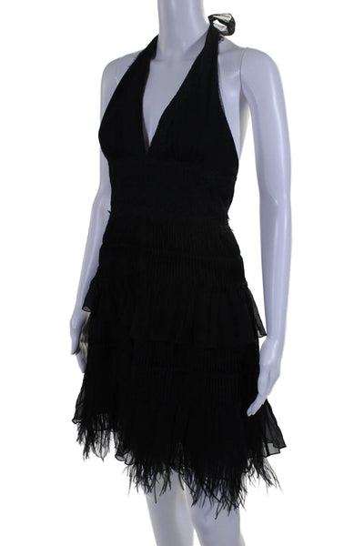 BCBGMAXAZRIA Womens Back Zip Halter Feather Tiered Dress Black Size 2