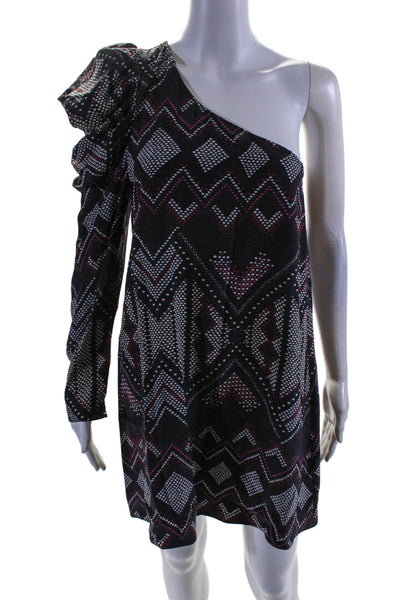 Parker Womens One Shoulder Dotted Chevron Silk Shift Dress Black Multi Small