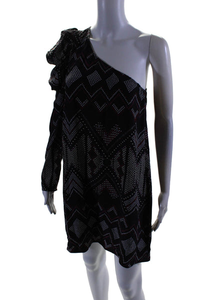 Parker Womens One Shoulder Dotted Chevron Silk Shift Dress Black Multi Small