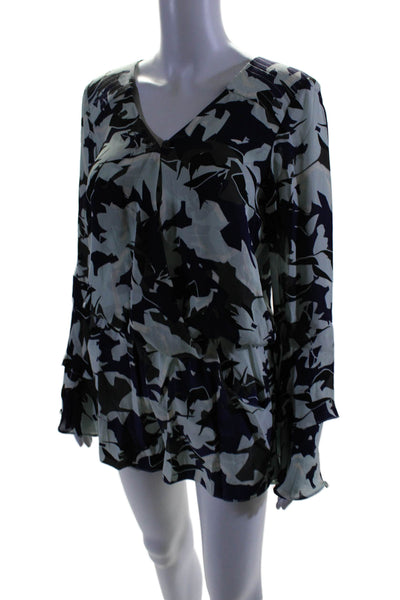 Parker Womens Ruffled Long Sleeve V Neck Abstract Silk Romper Mint Navy Small