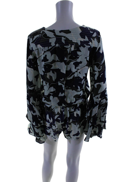 Parker Womens Ruffled Long Sleeve V Neck Abstract Silk Romper Mint Navy Small