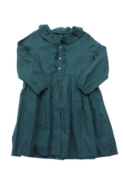 Bonpoint Childrens Girls Ruffled Long Sleeves A Line Dress Teal Blue Cotton Size