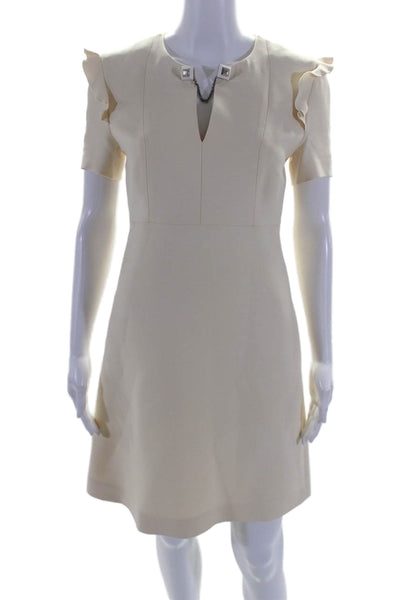 Fendi Womens Silk Blend Beige Ruffle Embellished Short Sleeve Dress Size 36