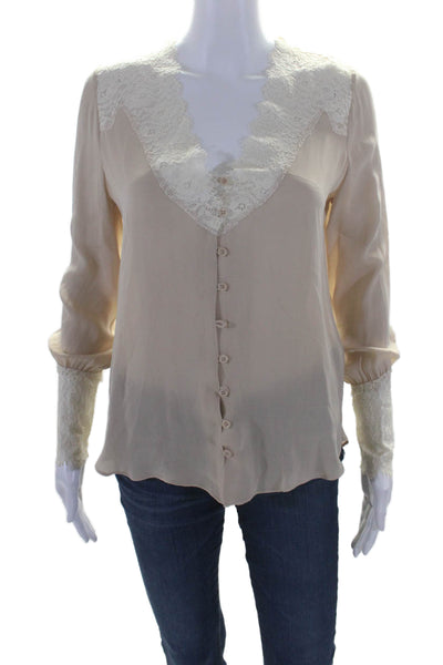 Haute Hippie Womens Silk Beige Lace Trim V-Neck Button Front Blouse Top Size XS