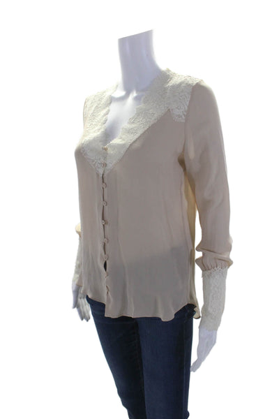 Haute Hippie Womens Silk Beige Lace Trim V-Neck Button Front Blouse Top Size XS