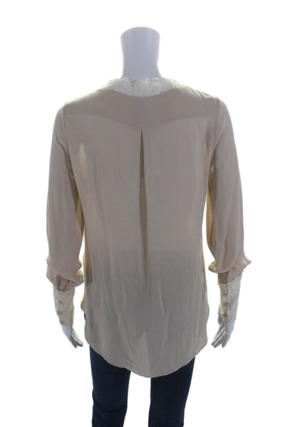 Haute Hippie Womens Silk Beige Lace Trim V-Neck Button Front Blouse Top Size XS