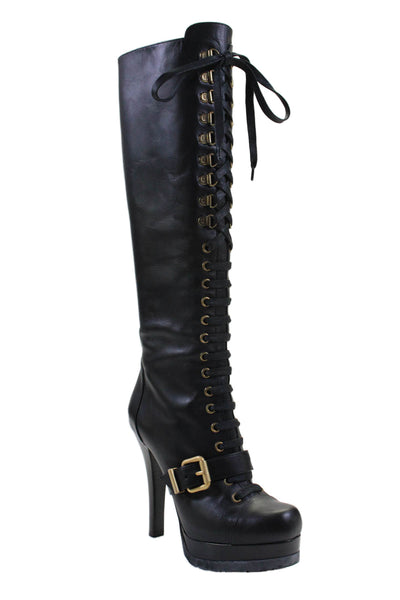 Fendi Womens Leather Lace Up Front Knee High Platform Boots Black Size 36 6