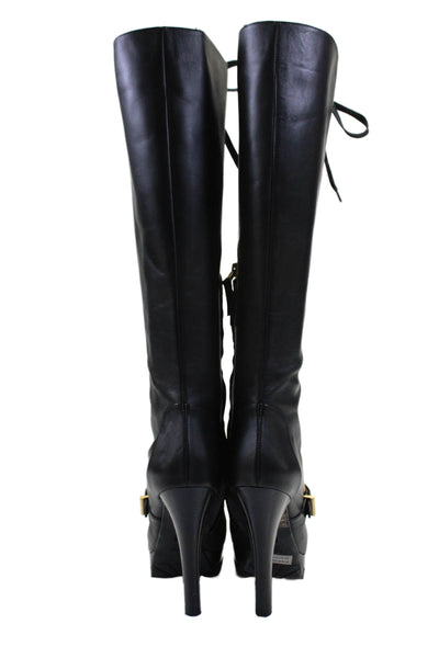 Fendi Womens Leather Lace Up Front Knee High Platform Boots Black Size 36 6