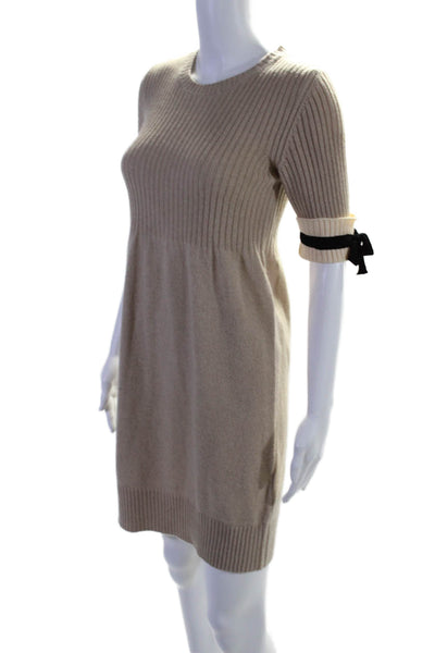 Simonetta Women's Round Neck Short Sleeves Fitted Sweater Dress Beige Size 16