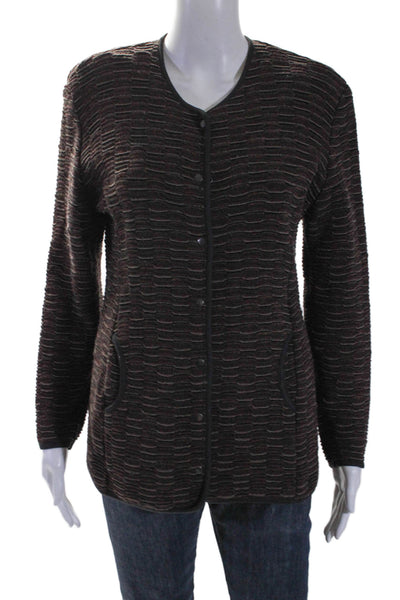 Designer Womens Wool Striped Knitted Buttoned Round Neck Cardigan Brown Size L