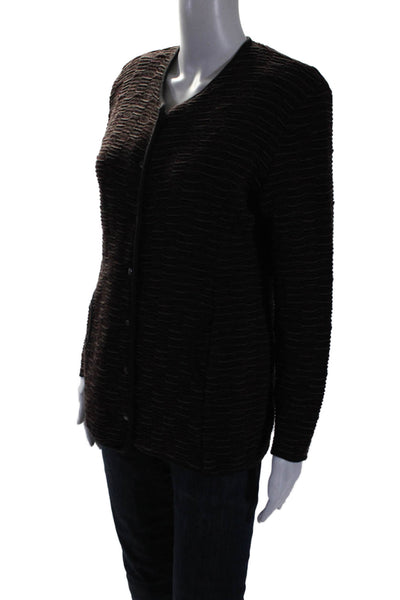 Designer Womens Wool Striped Knitted Buttoned Round Neck Cardigan Brown Size L