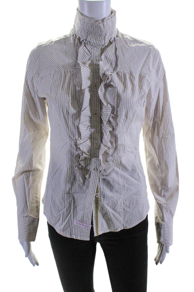 English Laundry Womens Button Front Collared Striped Shirt White Brown Small