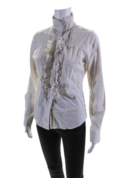 English Laundry Womens Button Front Collared Striped Shirt White Brown Small