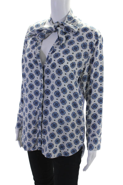 Sandro Womens Silk Cotton Blend Blue Mixed Print Tie V-neck Blouse Top Size 2