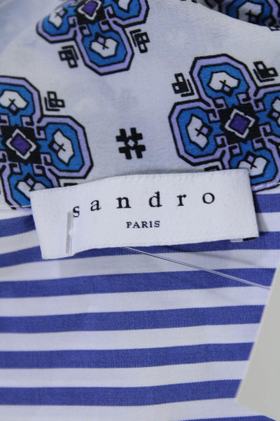 Sandro Womens Silk Cotton Blend Blue Mixed Print Tie V-neck Blouse Top Size 2