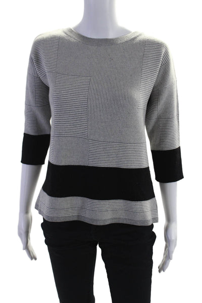 Duffy Womens Merino Wool Gray Striped Black Striped Crew Neck Sweater Top SizeXS