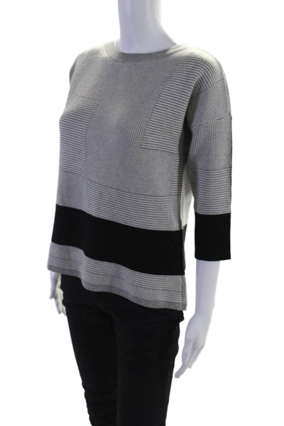 Duffy Womens Merino Wool Gray Striped Black Striped Crew Neck Sweater Top SizeXS