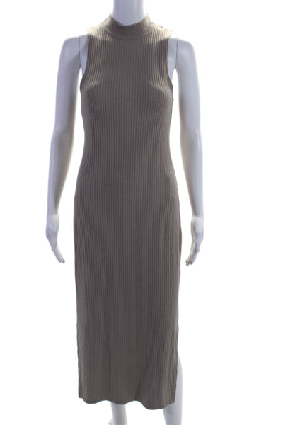 Beyond Yoga Womens Ribbed Sleeveless Halter Neck Side Slit Dress Beige Size S