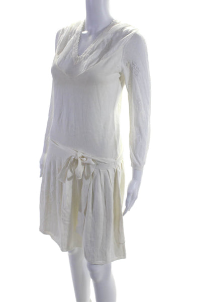 Ronny Kobo Womens White Open Knit Belt V-neck Long Sleeve Shift Dress Size S