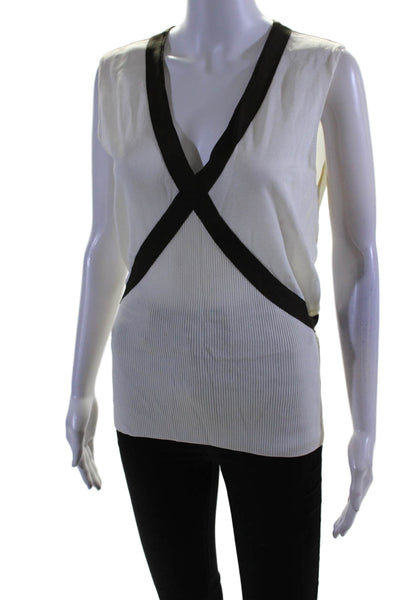 Escada Womens Sleeveless V Neck Tie Waist Blouse White Brown Size 42