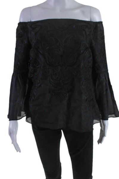 Intermix Women's Off The Shoulder Embroidered Bell Sleeves Blouse Black Size L