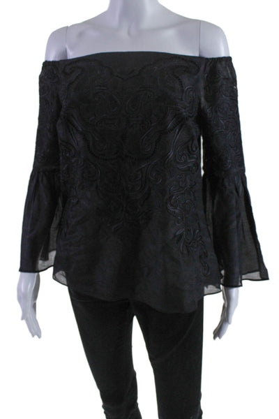 Intermix Women's Off The Shoulder Embroidered Bell Sleeves Blouse Black Size L