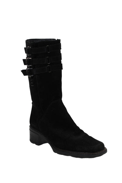 Aquazzura Womens Side Zip Block Heel Triple Buckle Boots Black Suede Size 8