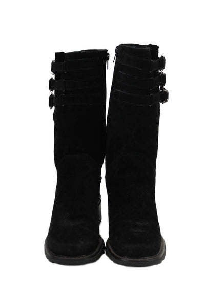 Aquazzura Womens Side Zip Block Heel Triple Buckle Boots Black Suede Size 8