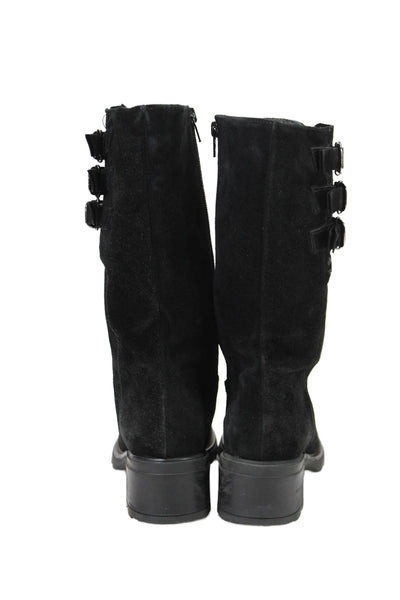 Aquazzura Womens Side Zip Block Heel Triple Buckle Boots Black Suede Size 8