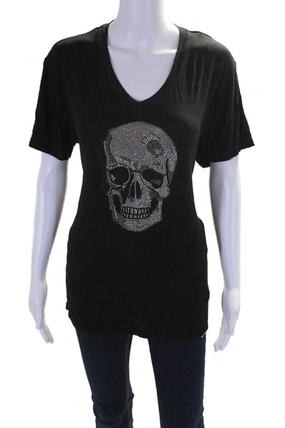 King of Cole Womens Short Sleeve V Neck Rhinestone Skull Tee Shirt Black Medium